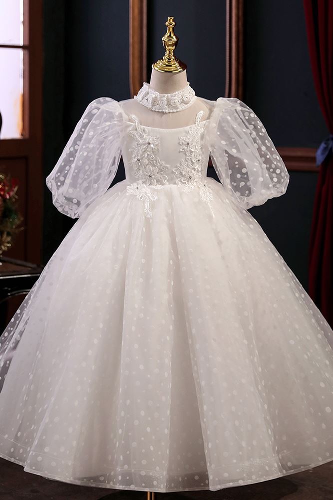 Princess Mock Neck Floor Length Tulle Flower Girl Dress in White