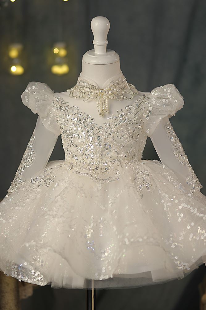 Princesa Hasta la Tibia Sequined vestidos para chica de flor in Blanco