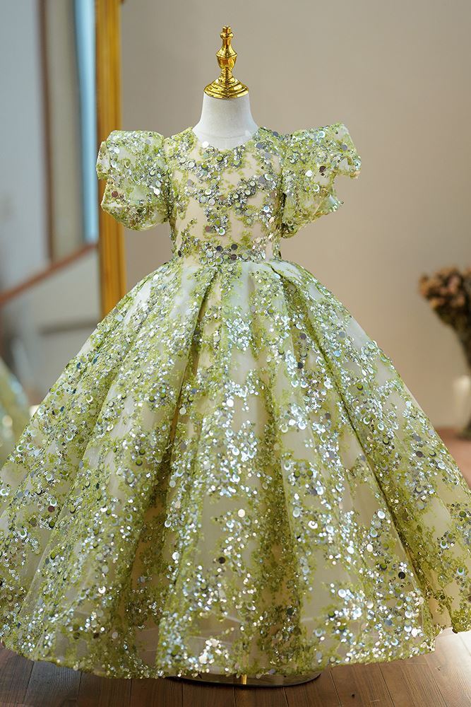 Princess Round Floor Length Sequined Flower Girl Dress Sage Green