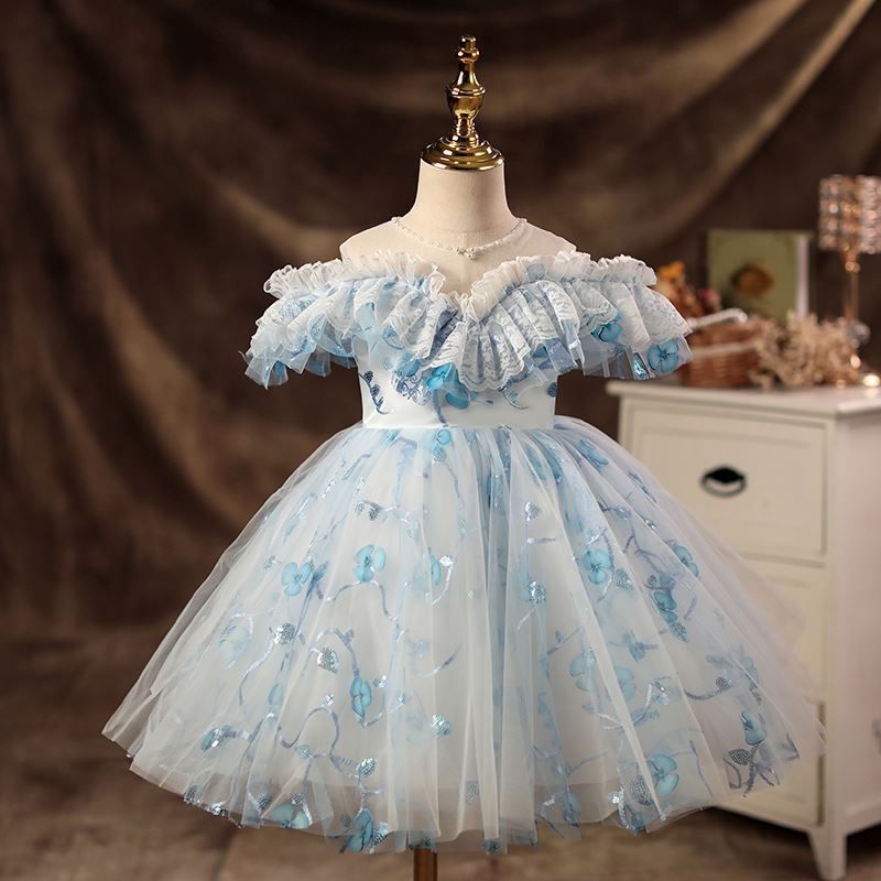 Princess Sweetheart Tea Length Tulle Flower Girl Dress in Blue