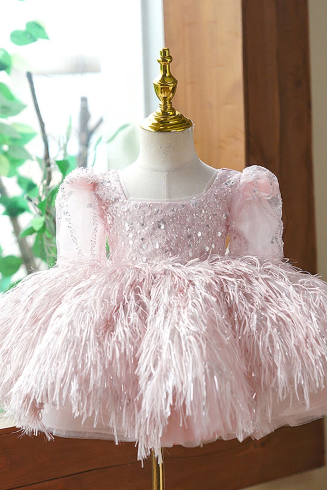 Princess Square Tea Length Sequined Flower Girl Dress Pink