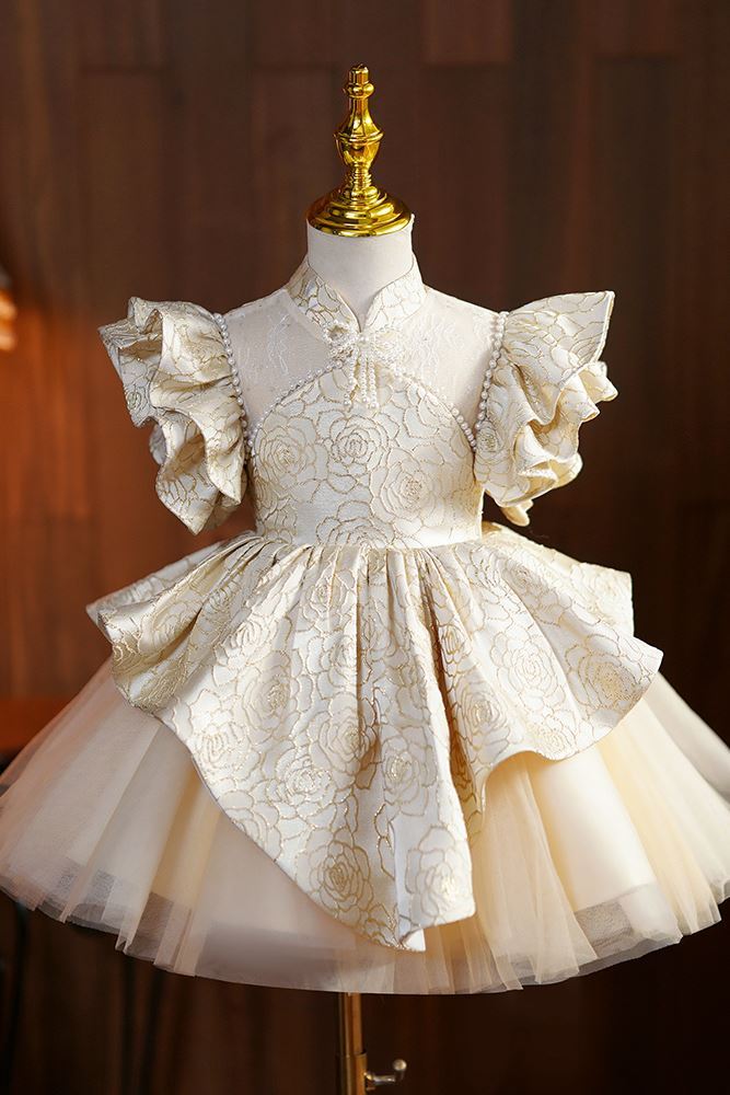 Prinzessin Stehkragen Wadenlang Satin Blumenmädchenkleider Champagner