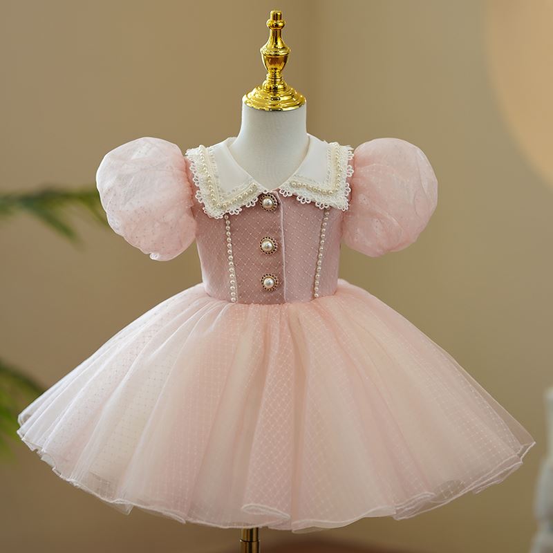 Prinzessin Kragenhals Organza Blumenmädchenkleider Rosa