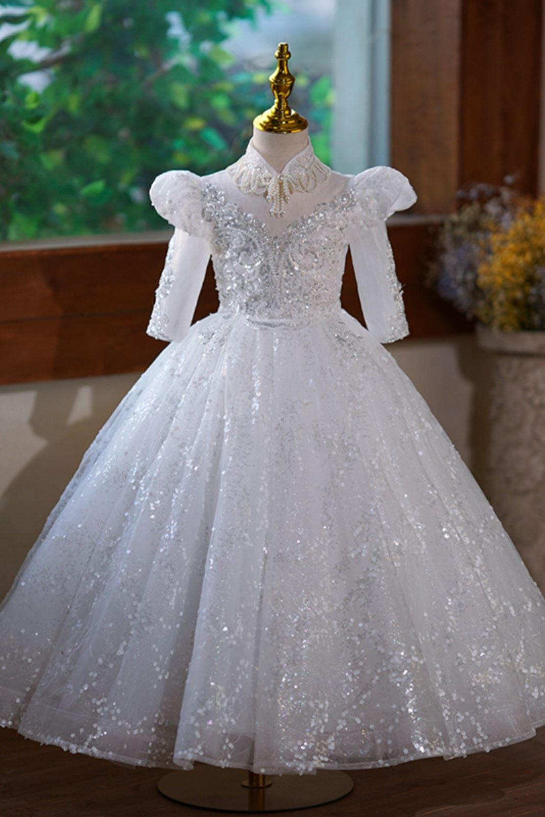 Princess Mock Neck Floor Length Sequined Flower Girl Dress in White