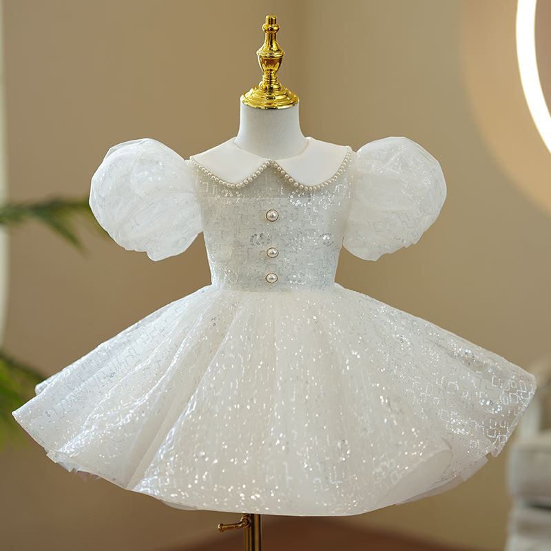 Princess Collared Neck Tea Length Sequined Flower Girl Dress in White