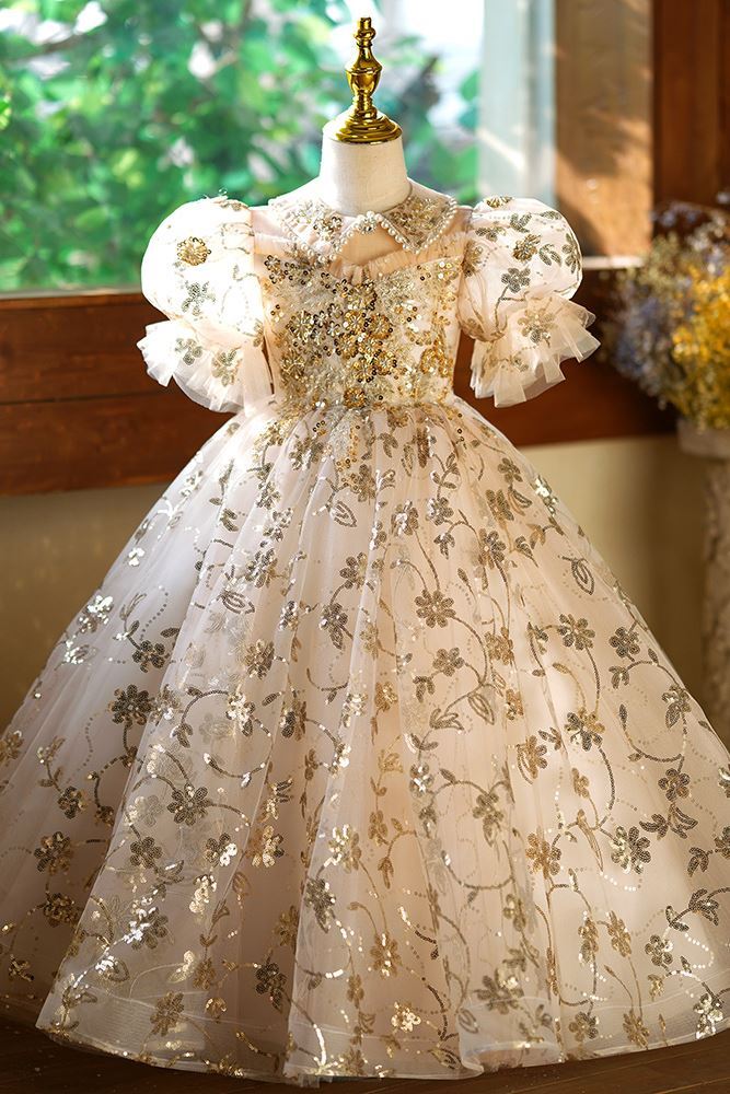 Princess Floor Length Sequined Flower Girl Dress in Champagne