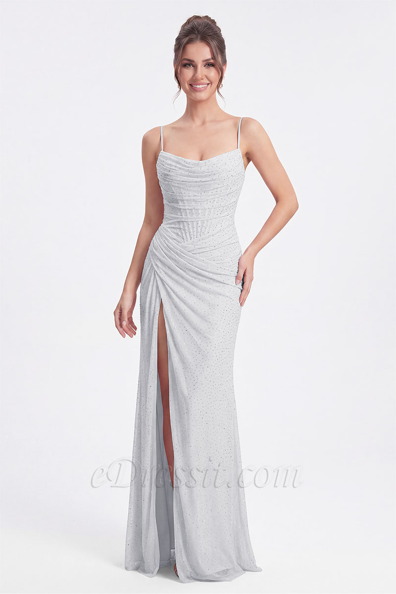 White Glitter Dot Spaghetti Strap Corset Ruched High Slit Evening Gown White Glitter Dot Spaghetti Strap Corset Ruched High Slit Evening Gown