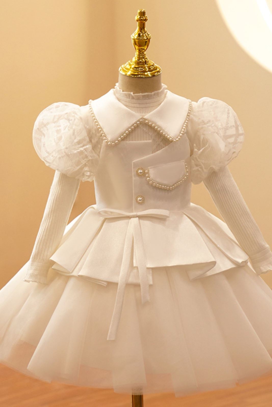 Prinzessin Kragenhals Wadenlang Satin Blumenmädchenkleider Weiß