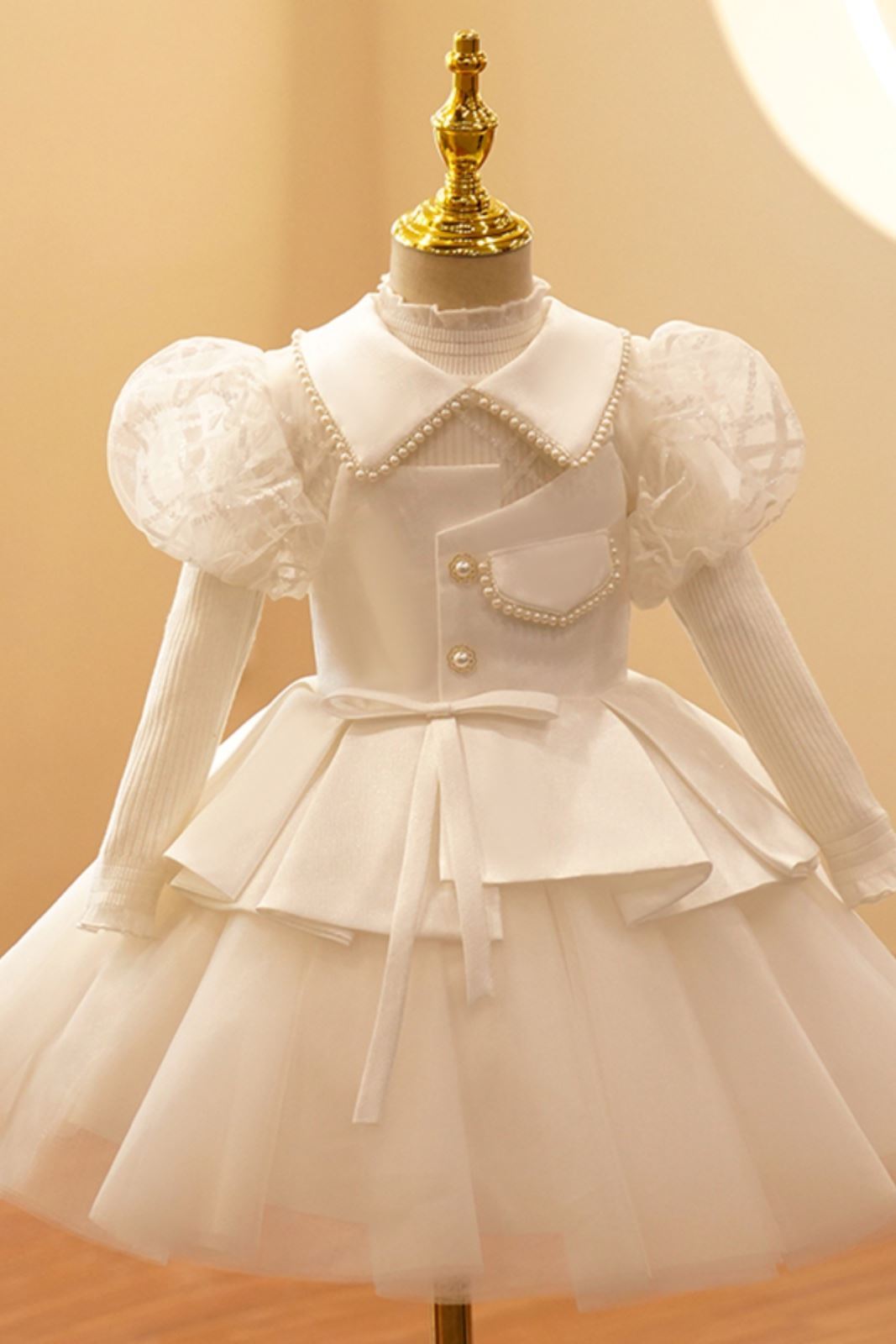 Princess Collared Neck Tea Length Satin Flower Girl Dress White