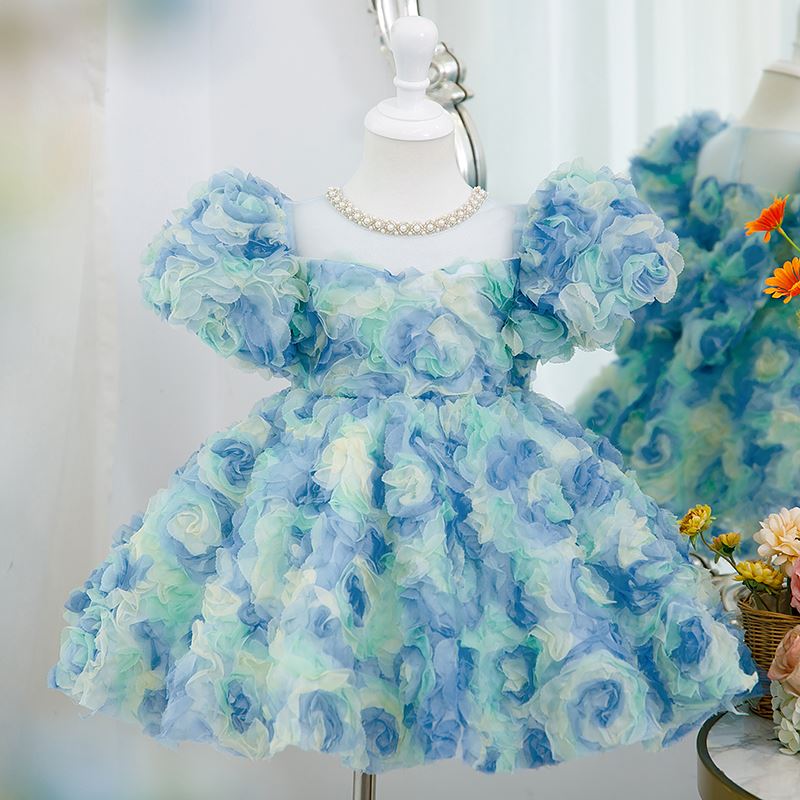 Prinzessin Juwelenhals Wadenlang Spitze Blumenmädchenkleider in Blau