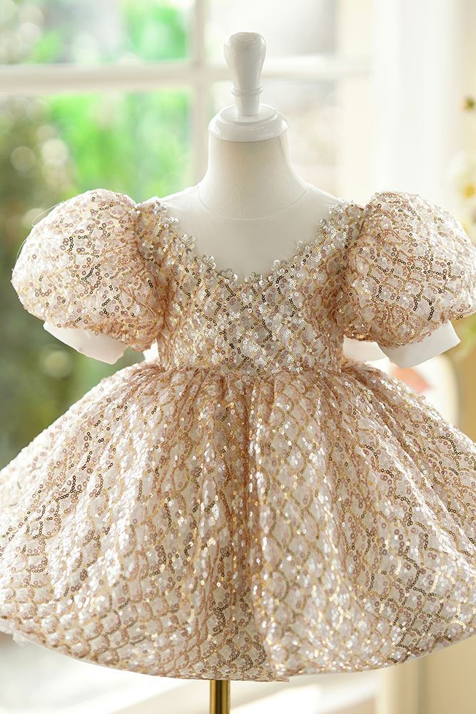 Princesa Hasta la Tibia Sequined vestidos para chica de flor in Dorado