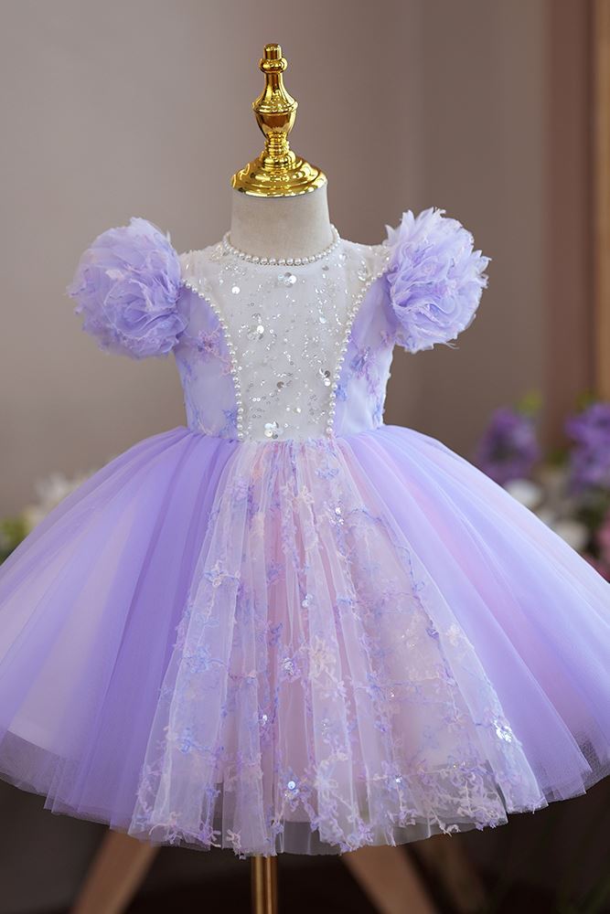 Princess Round Tea Length Tulle Flower Girl Dress in Lilac