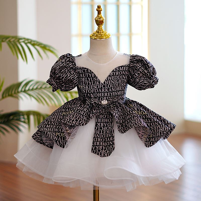 Prinzessin Runden Wadenlang Organza Blumenmädchenkleider in Schwarz