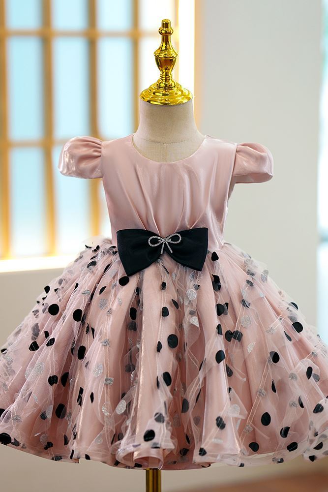 Princess Scoop Tea Length Satin Flower Girl Dress in Pink