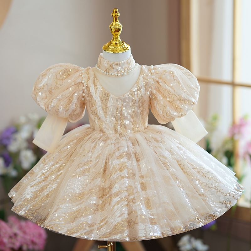 Prinzessin Wadenlang Pailletten Blumenmädchenkleider in Champagner