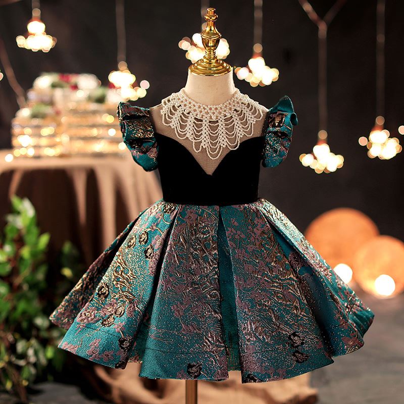 Round Tea Length Satin Flower Girl Dress Navy Blue