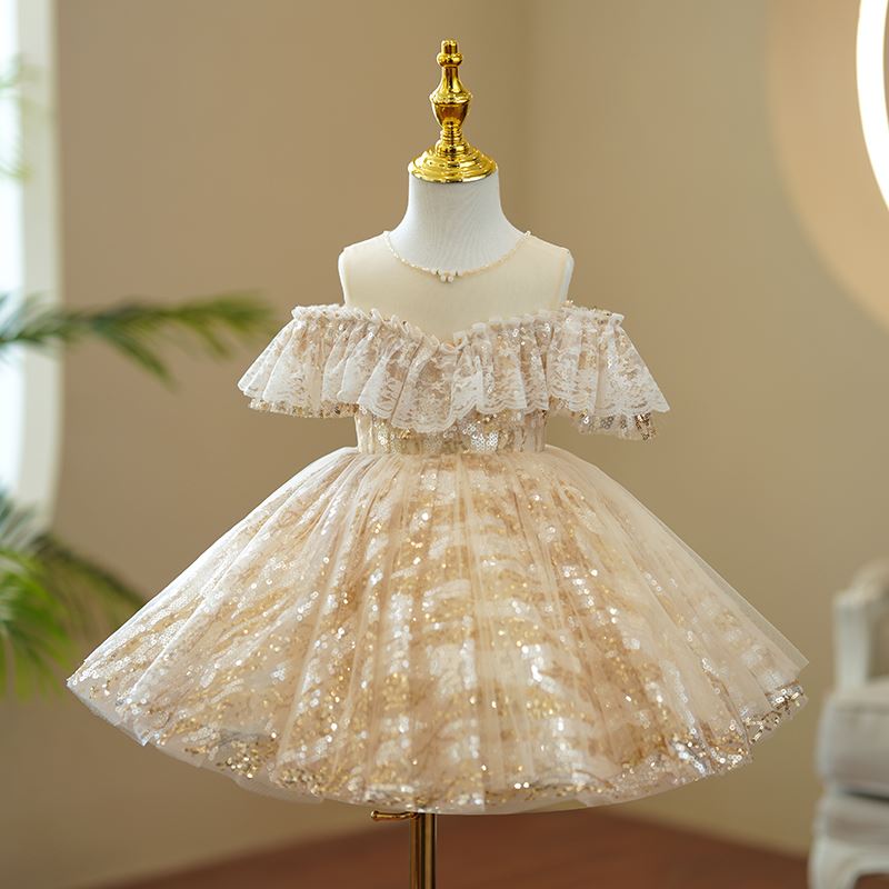 Princesa Hasta la Tibia Sequined vestidos para chica de flor Champán
