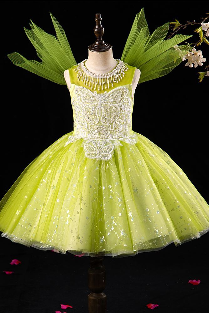 Prinzessin Wadenlang Pailletten Blumenmädchenkleider in Grün