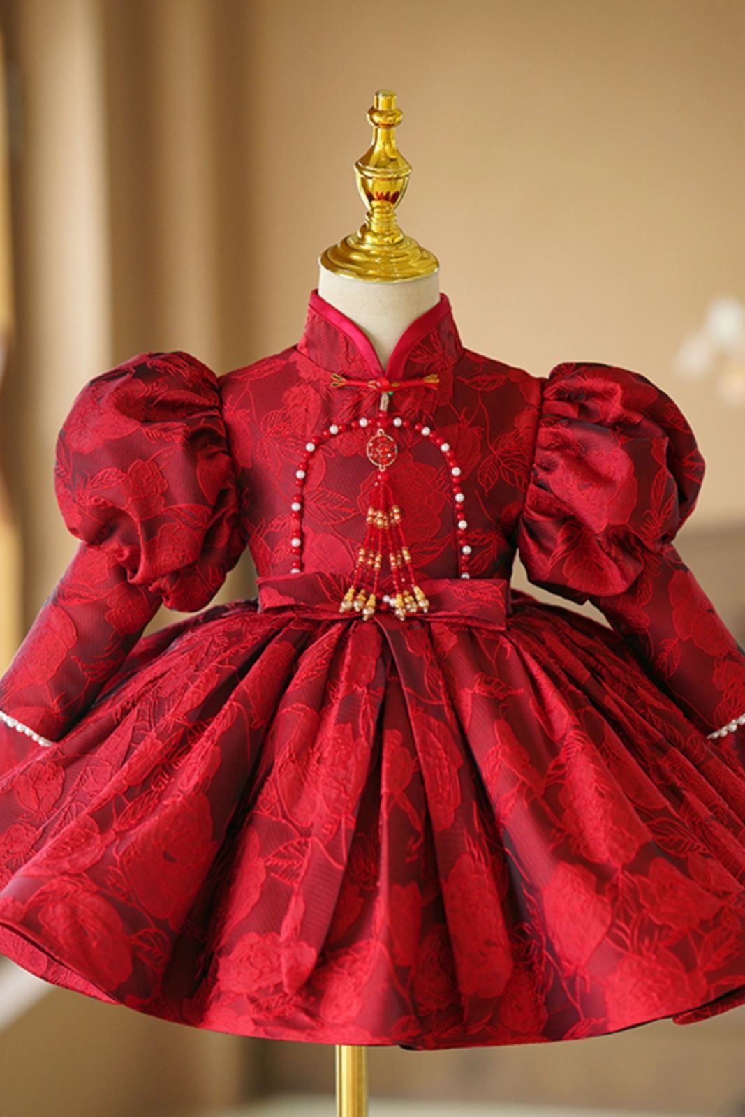 Prinzessin Runden Wadenlang Satin Blumenmädchenkleider Burgundrot