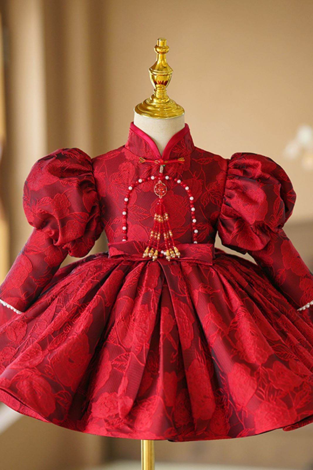 Princess Round Tea Length Satin Flower Girl Dress Burgundy