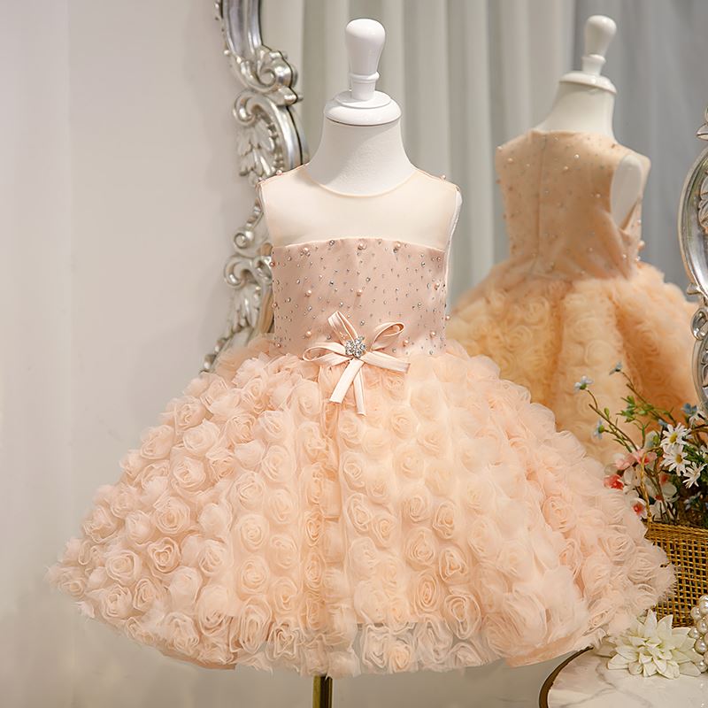 Prinzessin Runden Wadenlang Satin Blumenmädchenkleider in Rosa