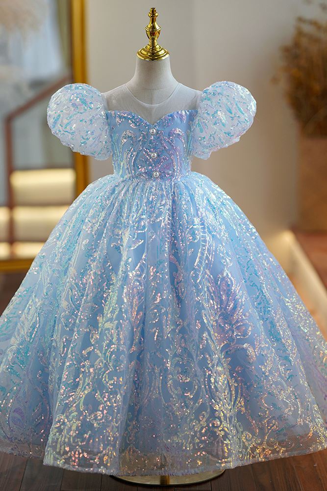 Princess Round Floor Length Sequined Flower Girl Dress in Blue