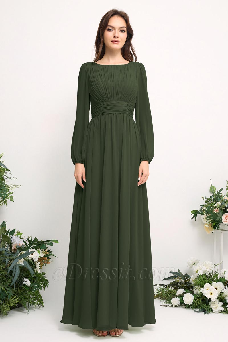 Schulterfreies Chiffon Brautjungfernkleid mit Spaghettiträgern und A-Linien-Rock