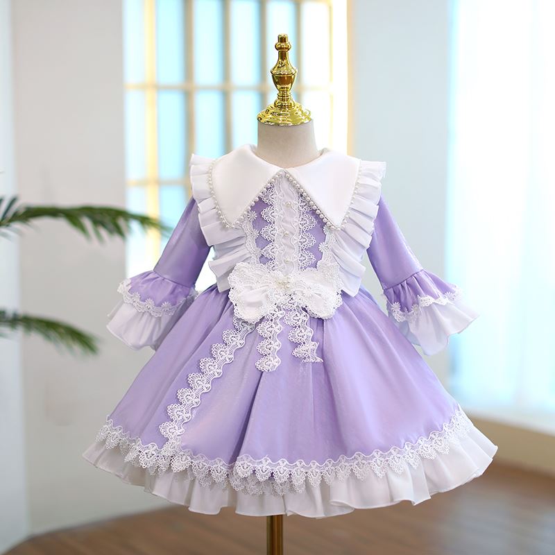 Princess Collared Neck Tea Length Satin Flower Girl Dress in Purple