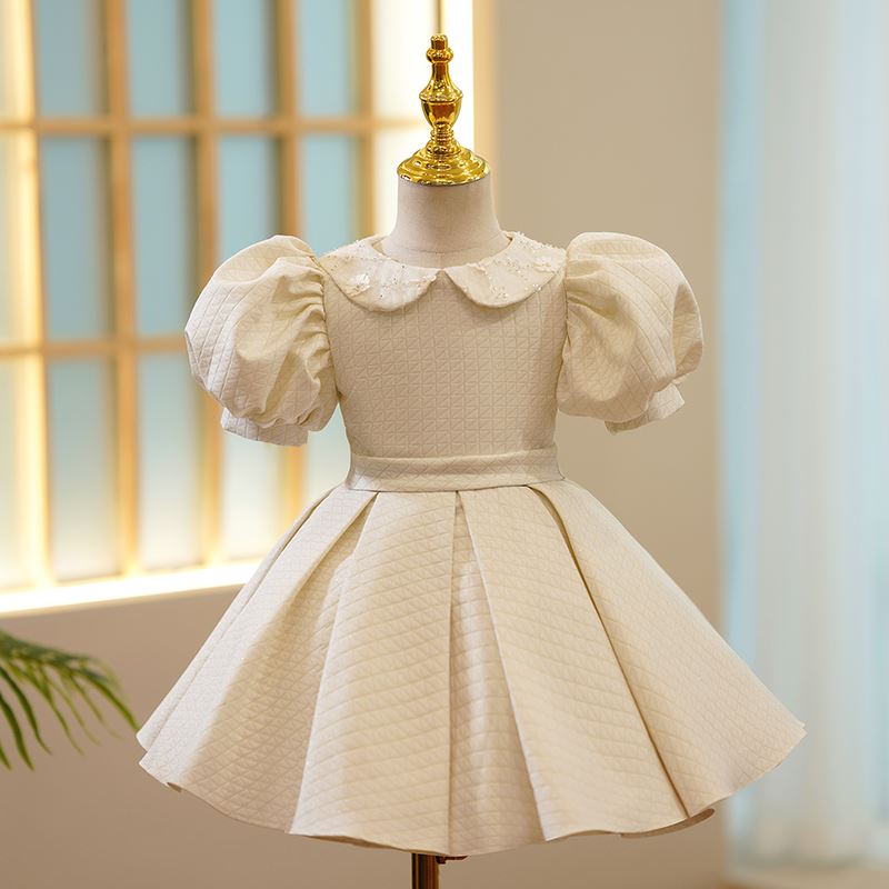 Princess Collared Neck Tea Length Satin Flower Girl Dress in Ivory