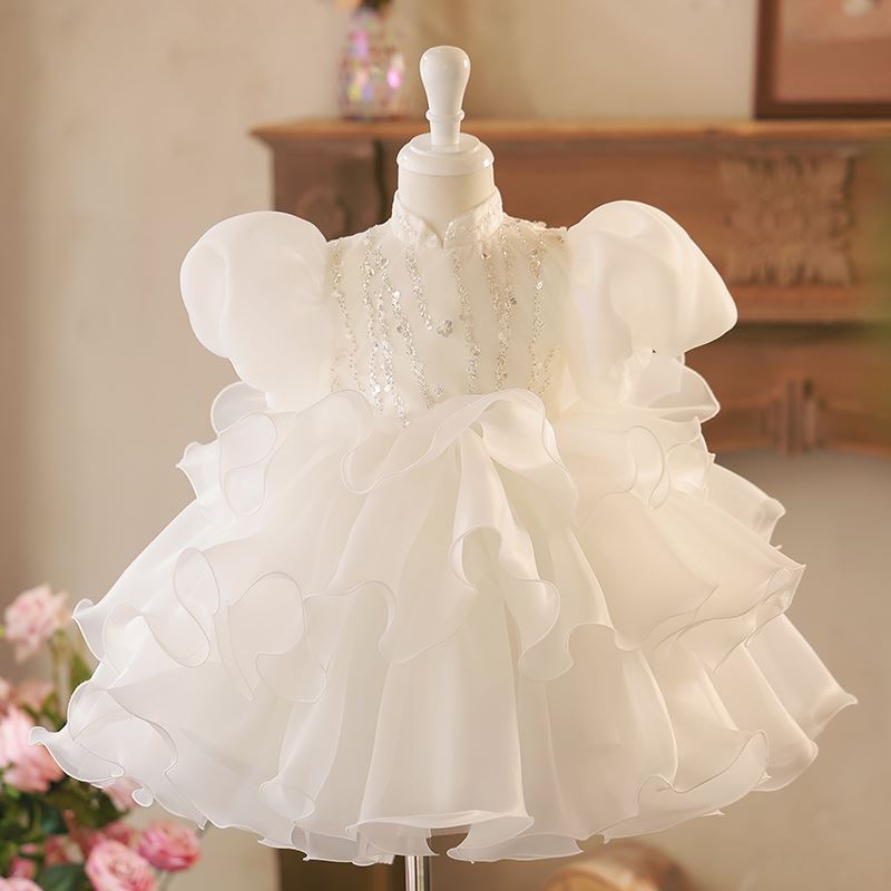 Princess Mock Neck Tea Length Organza Flower Girl Dress in White