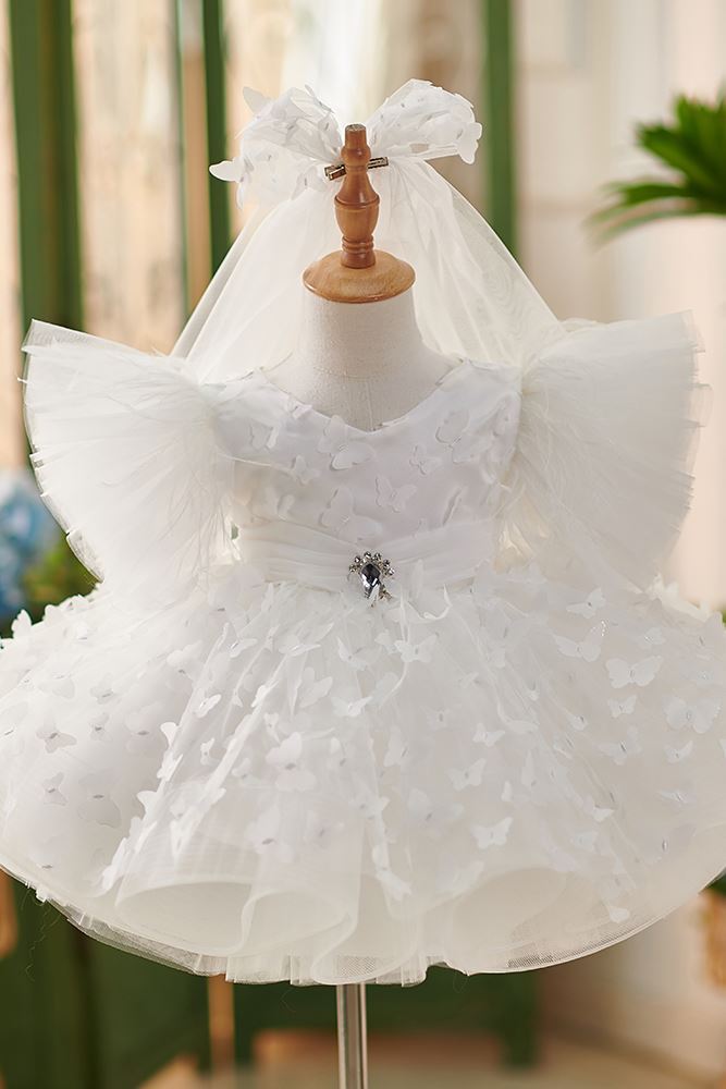 Princess Scoop Tea Length Lace Flower Girl Dress in White