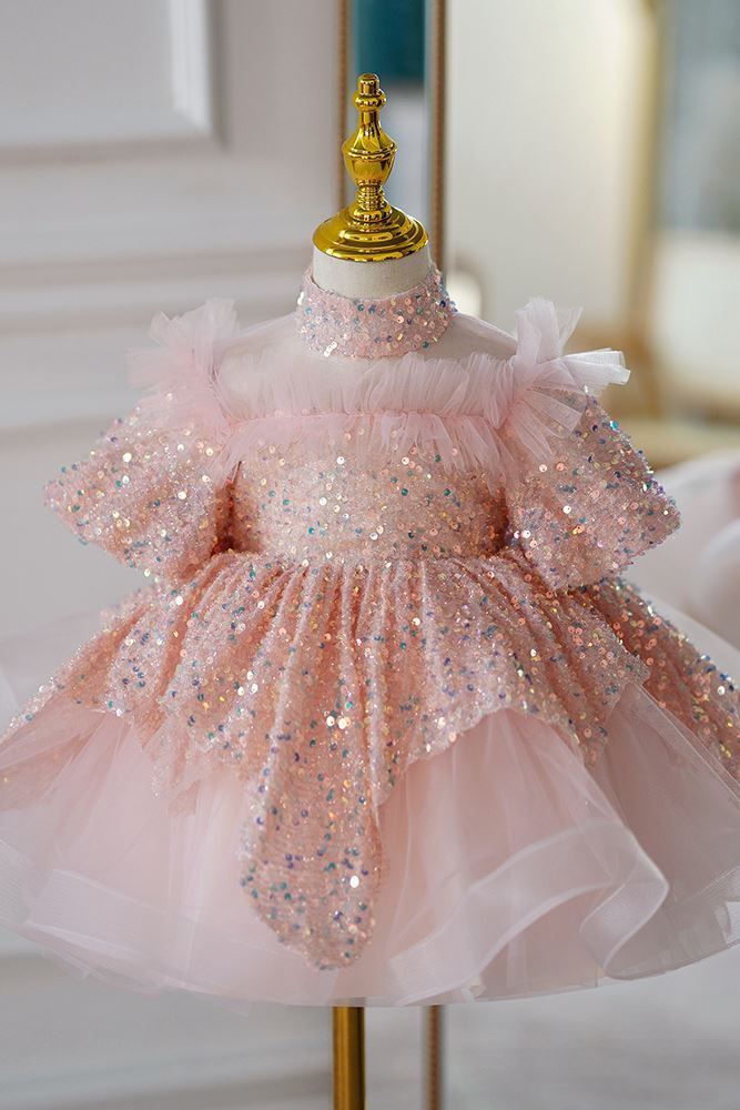 Princess Mock Neck Tulle Flower Girl Dress in Pink