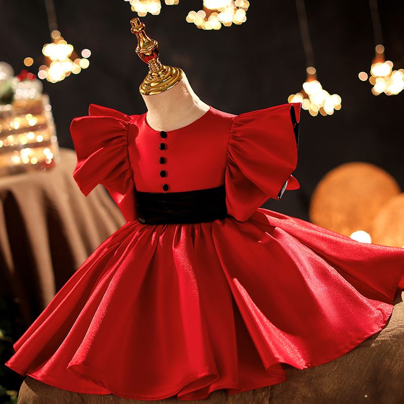 Prinzessin Runden Wadenlang Satin Blumenmädchenkleider Rot