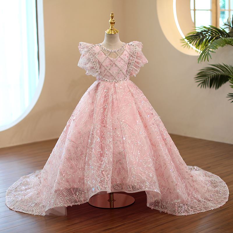 Princess Round Floor Length Sequined Flower Girl Dress in Pink