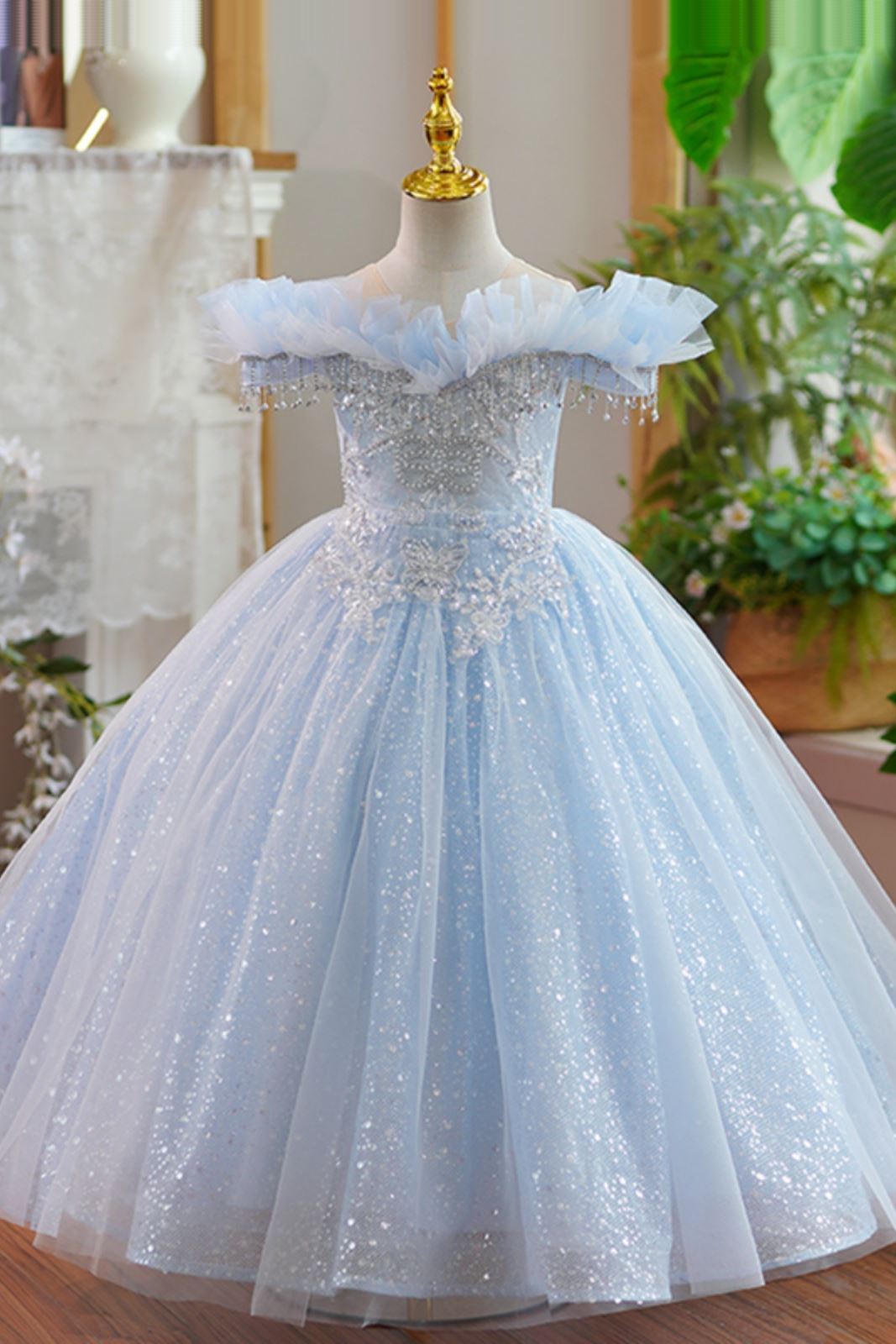 Prinzessin Runden Bodenlang Organza Blumenmädchenkleider in Blau