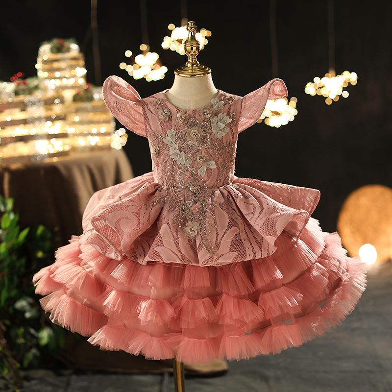Princesa Round Hasta la Tibia Lace vestidos para chica de flor Rosa