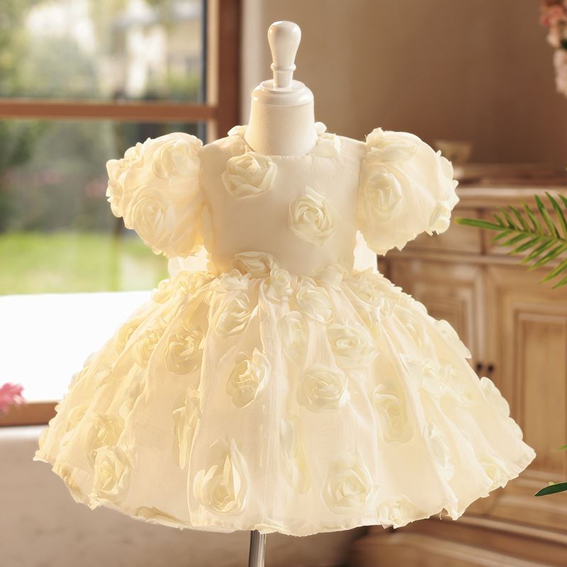 Prinzessin Runden Wadenlang Organza Blumenmädchenkleider in Champagner