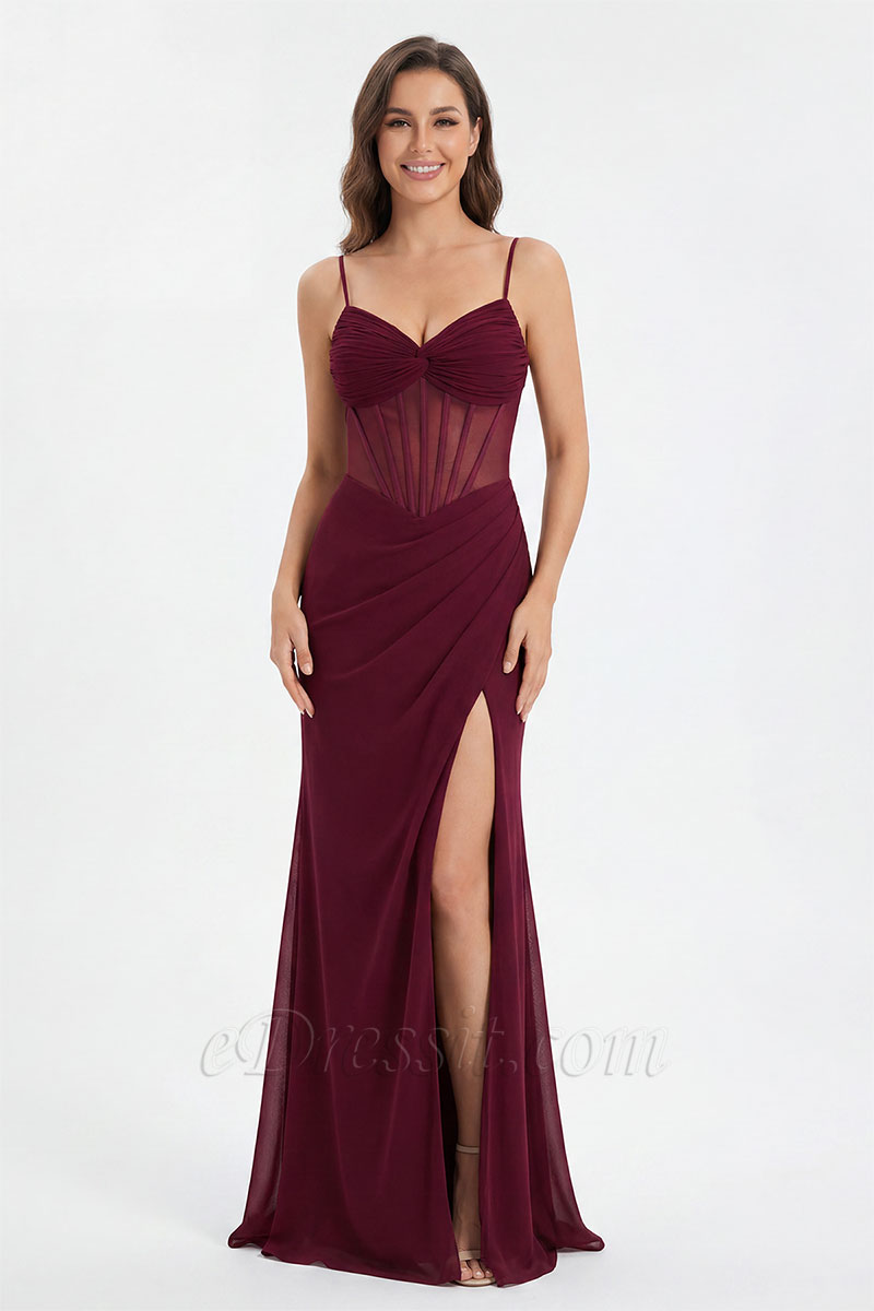 Burgundy Spaghetti Strap Sweetheart Lace-Up Back High Slit Gown Burgundy Spaghetti Strap Sweetheart Lace-Up Back High Slit Gown