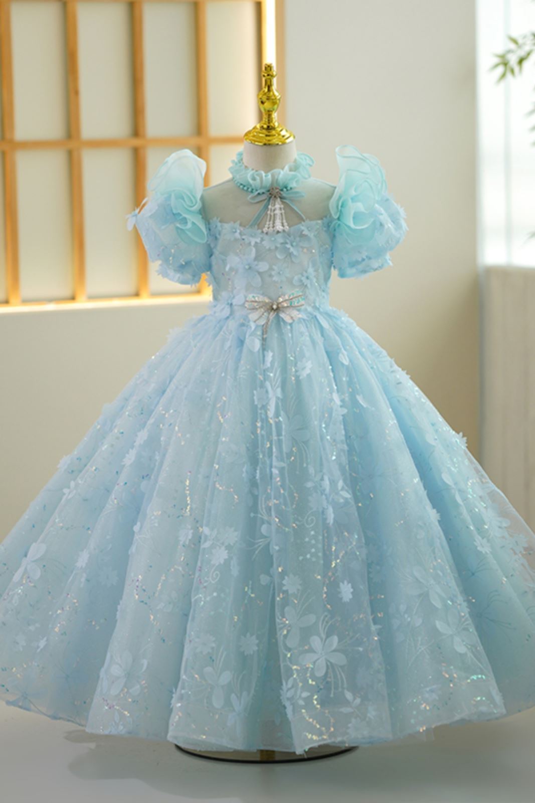 Princess Mock Neck Floor Length Lace Flower Girl Dress in Blue