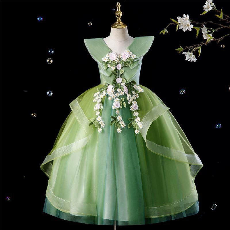 Prinzessin V Ausschnitt Bodenlang Tüll Blumenmädchenkleider in Grün