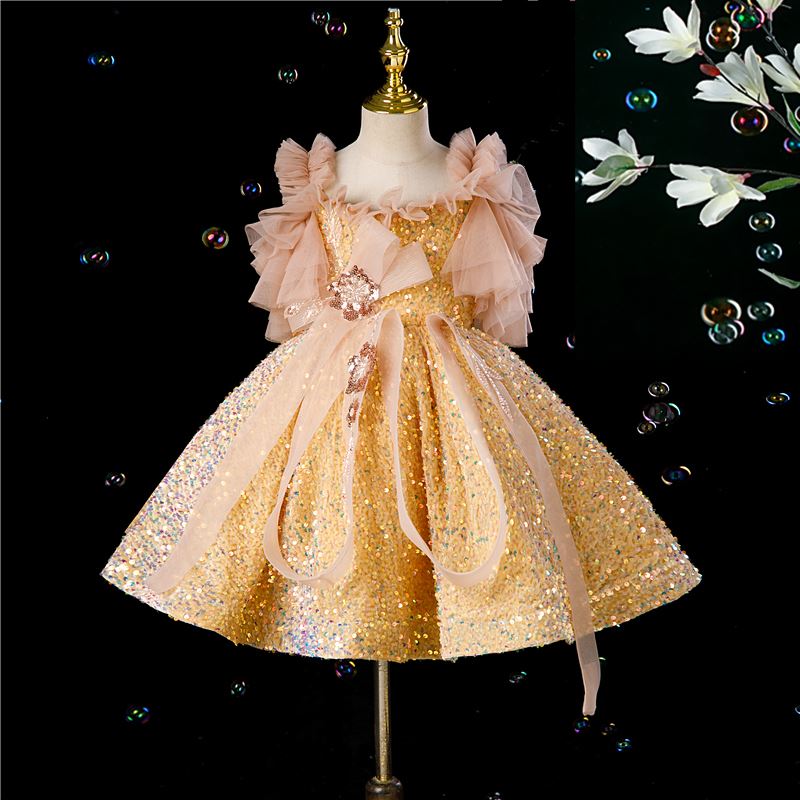 Prinzessin Wadenlang Pailletten Blumenmädchenkleider in Champagner