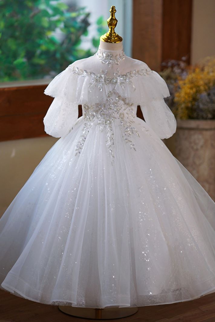 Princess Mock Neck Floor Length Tulle Flower Girl Dress in White