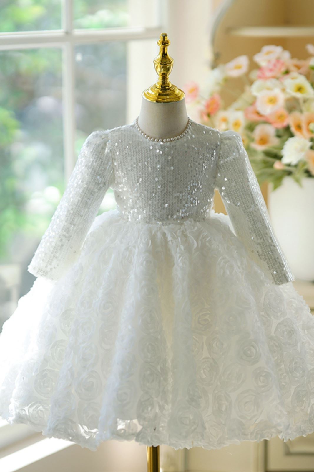 Prinzessin Runden Bodenlang Pailletten Blumenmädchenkleider Weiß