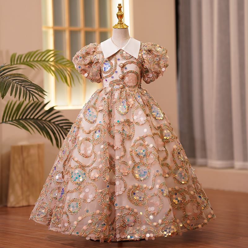 Princess Floor Length Sequined Flower Girl Dress in Champagne