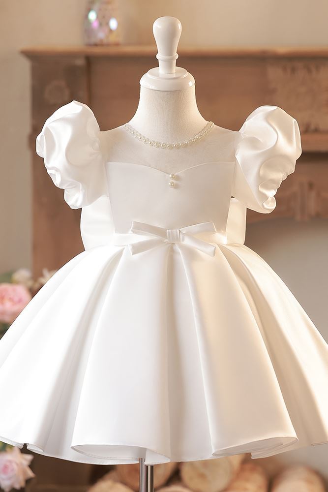 Prinzessin Juwelenhals Wadenlang Satin Blumenmädchenkleider in Weiß