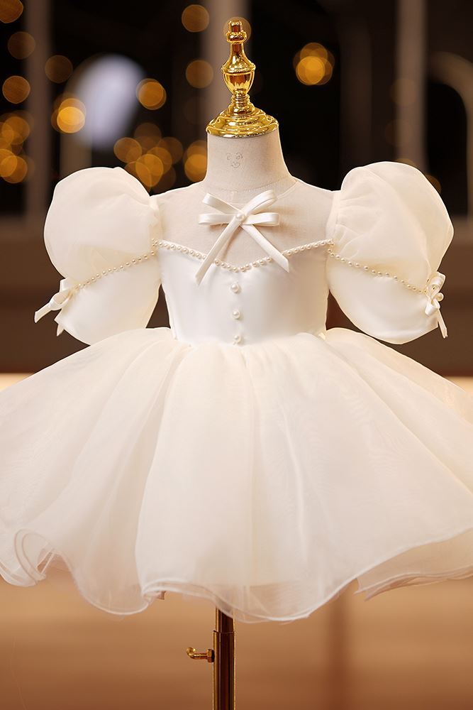 Princesa Round Hasta la Tibia Satin vestidos para chica de flor Marfil