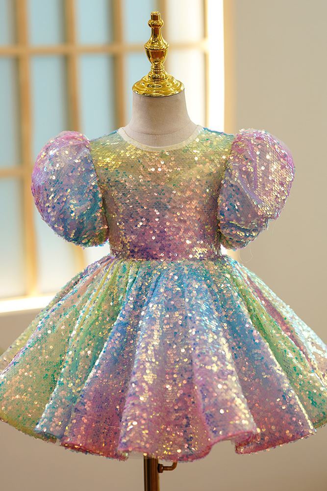 Princess Round Tea Length Sequined Flower Girl Dress colorful