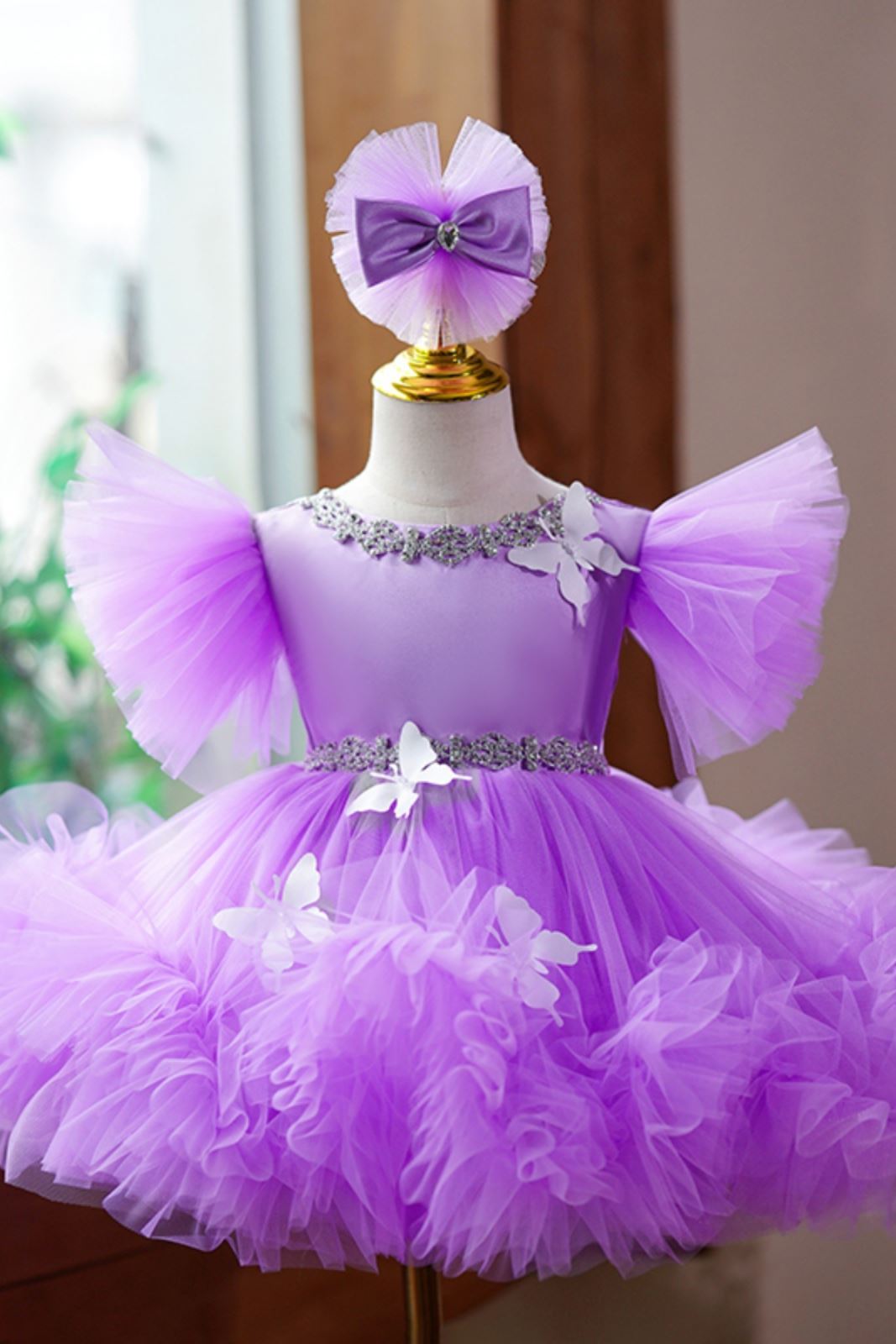 Princess Round Tea Length Tulle Flower Girl Dress in Purple