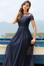 Robe de soirée longue fluide bleu marine manches dentelle