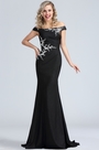 Black Off Shoulder Lace Applique Evening Dress
